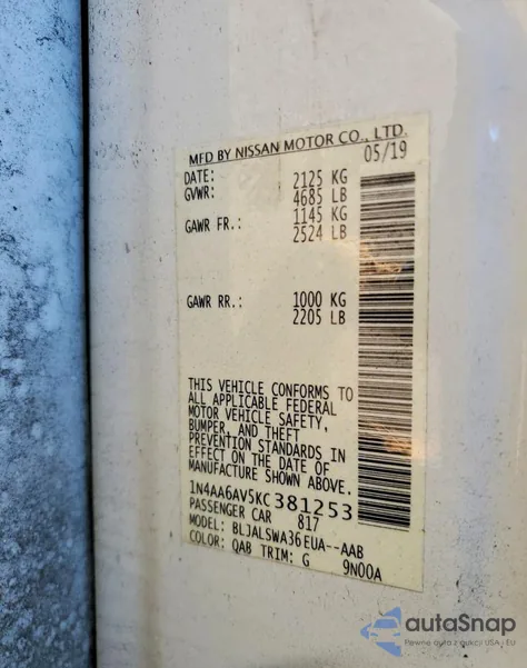 2019 Nissan Maxima S from USA, damaged, VIN 1N4AA6AV5KC381253